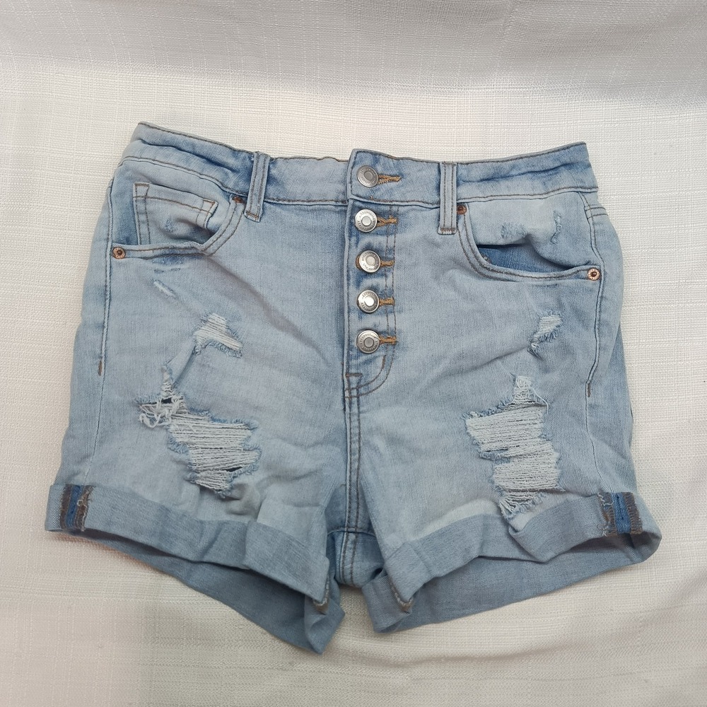 Aeropostale‎ Super High Rise Shorts Womens 8 Button Fly Blue Denim Midi Distress
